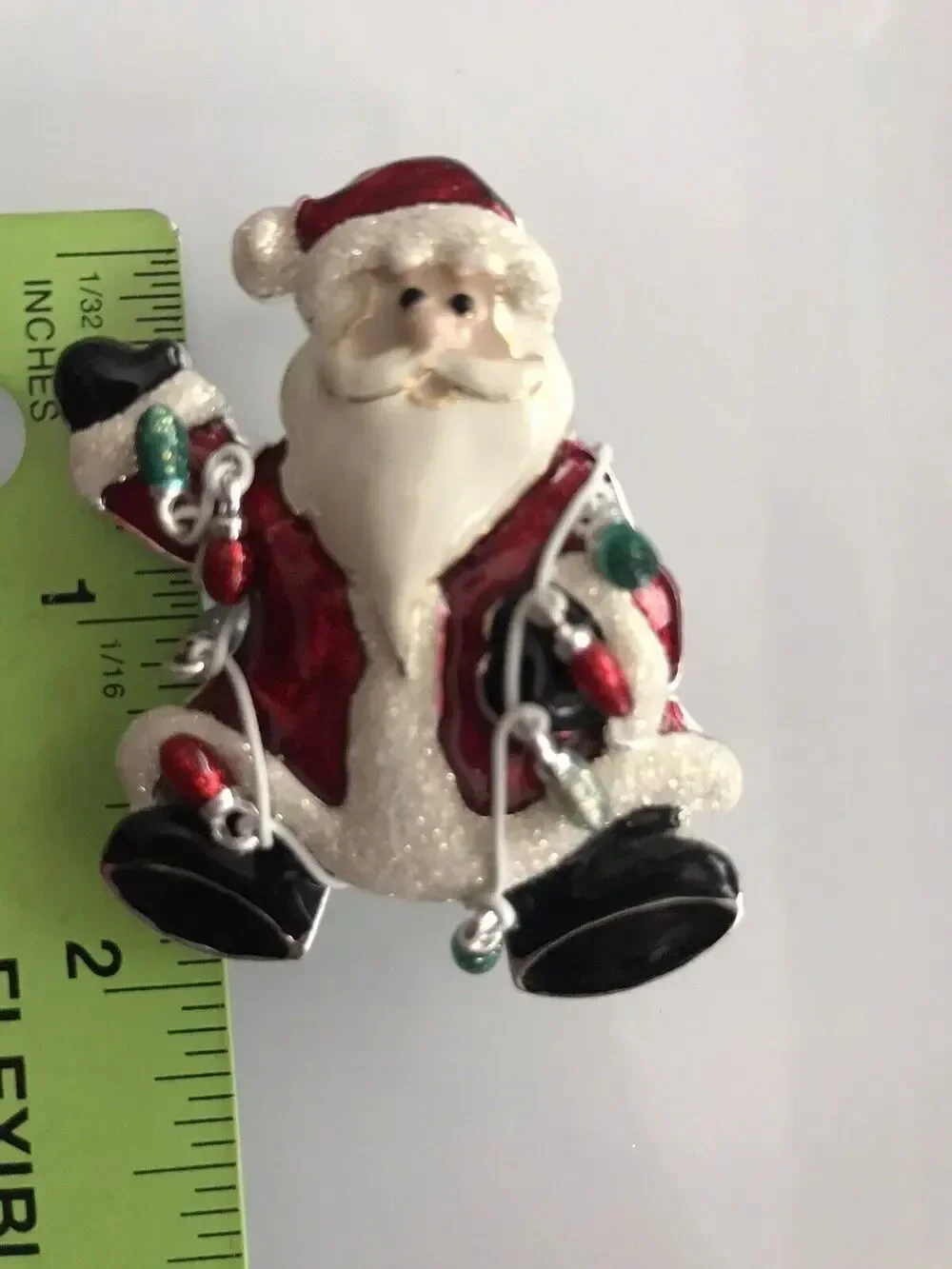 Silver Tone Glitter Enamel Santa Claus String Lights Brooch Pin Christmas